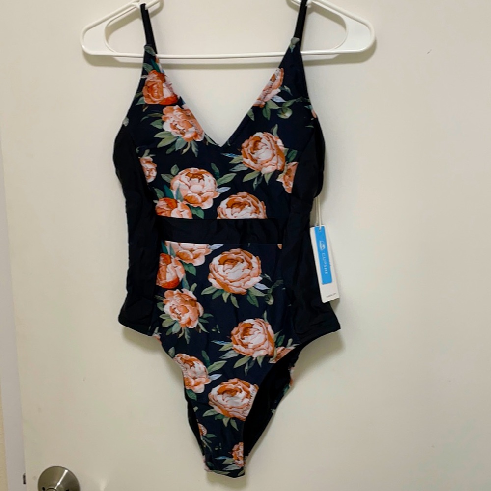 Pink peony and black one piece swimsuit